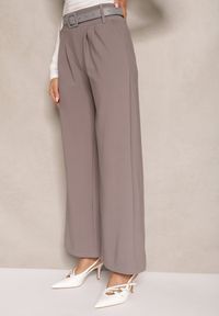 Renee - Szare Garniturowe Spodnie High Waist z Gumką i Dodatkowym Paskiem w Talii Mattine. Stan: podwyższony. Kolor: szary. Materiał: dzianina #5