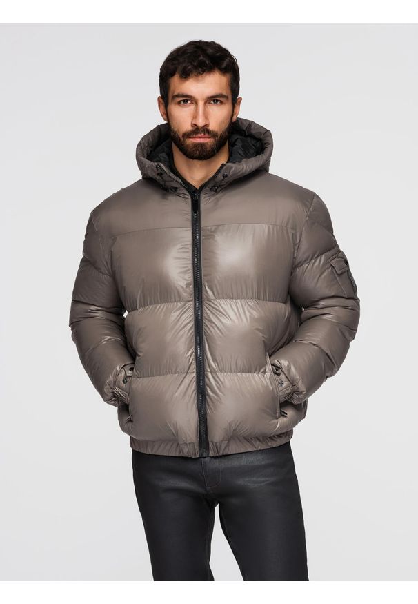 Ombre Clothing - Ciepła męska kurtka puffer ze ściągaczami – ciemnobeżowa V3 - Rozmiar: XXL. Okazja: na co dzień. Typ kołnierza: kaptur. Kolor: beżowy. Materiał: poliester, guma, tkanina, materiał, nylon, syntetyk. Wzór: aplikacja. Sezon: zima. Styl: casual