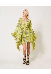 TwinSet - Muślinowa sukienka typu kaftan w kwiaty z frędzlami w stylu boho Twinset. Kolor: żółty. Materiał: bawełna, koronka. Wzór: kwiaty. Styl: boho