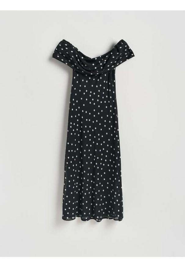 Reserved - Sukienka midi w groszki - ciemnobrązowy. Kolor: brązowy. Materiał: tkanina. Wzór: grochy. Typ sukienki: proste. Długość: midi