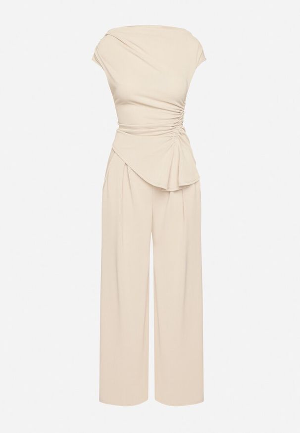 Born2be - Beżowy Komplet Asymetryczna Bluzka z Marszczeniem i Szerokie Spodnie Filuriela. Kolor: beżowy