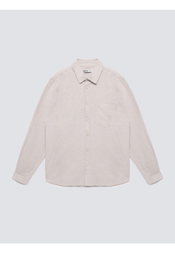 Big-Star - Koszula męska w drobną jodełkę beżowa Grest 800. Typ kołnierza: kołnierzyk klasyczny. Kolor: beżowy. Materiał: jeans, materiał, bawełna. Wzór: jodełka. Styl: klasyczny