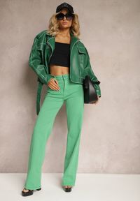 Renee - Zielone Szerokie Jeansy z Bawełnianej Tkaniny Plumeti High Waist Rrisa. Okazja: na co dzień. Stan: podwyższony. Kolor: zielony. Długość: krótkie. Styl: klasyczny, casual, boho #4