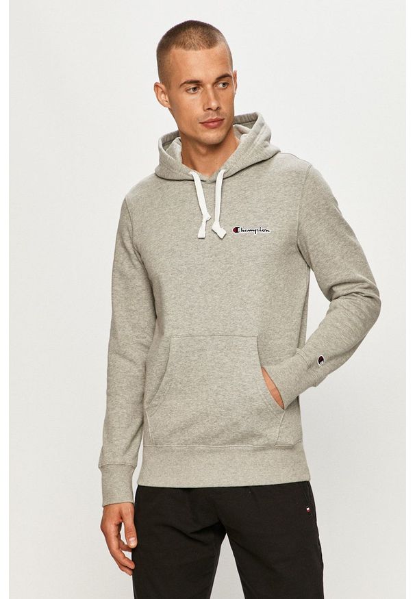 Champion - Bluza. Okazja: na co dzień. Typ kołnierza: kaptur. Kolor: szary. Materiał: dzianina. Wzór: aplikacja. Styl: casual
