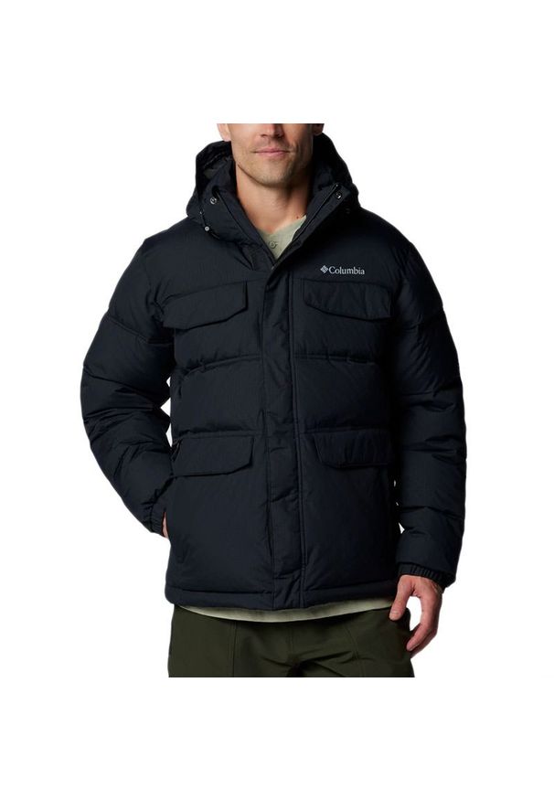 columbia - Kurtka męska Columbia Landroamer Hooded Puffer 2088081010 - czarna. Typ kołnierza: kaptur. Kolor: czarny. Materiał: poliester, syntetyk, włókno, puch, nylon. Technologia: Omni-Heat (Columbia). Wzór: aplikacja. Sezon: zima