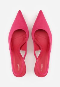 Born2be - Fuksjowe Czółenka z Odkrytą Piętą VICES na Obcasie Kaczuszka Anatema. Okazja: na co dzień. Kolor: różowy. Materiał: zamsz, jeans. Obcas: na obcasie. Styl: casual, elegancki. Wysokość obcasa: średni #7