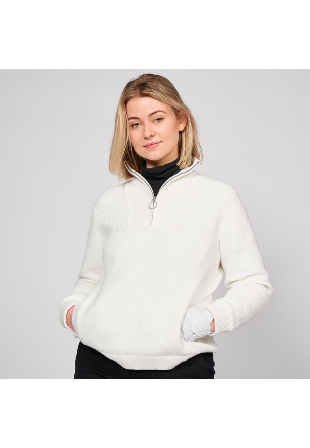 INESIS - Sweter do golfa damski Inesis MW500 wiatroszczelny. Typ kołnierza: golf. Kolor: biały. Materiał: bawełna, tkanina, poliester, materiał. Styl: sportowy