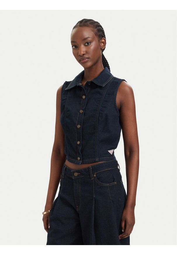 Guess Jeans Kamizelka W6GHZ9 D7971 Granatowy Regular Fit. Kolor: niebieski. Materiał: bawełna