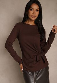 Renee - Brązowa Bluzka z Wiązaniem z Boku Esnaria. Okazja: na co dzień. Kolor: brązowy. Materiał: jeans. Styl: casual, elegancki #5