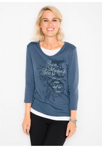 bonprix - Shirt 2 w 1, rękawy 3/4. Kolor: niebieski. Materiał: bawełna. Wzór: nadruk
