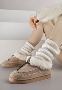 Born2be - Ciemnobeżowe Śniegowce na Grubej Podeszwie z Futerkiem i Przeszciami Linafra. Okazja: na co dzień. Kolor: beżowy. Materiał: futro. Styl: casual, elegancki #4