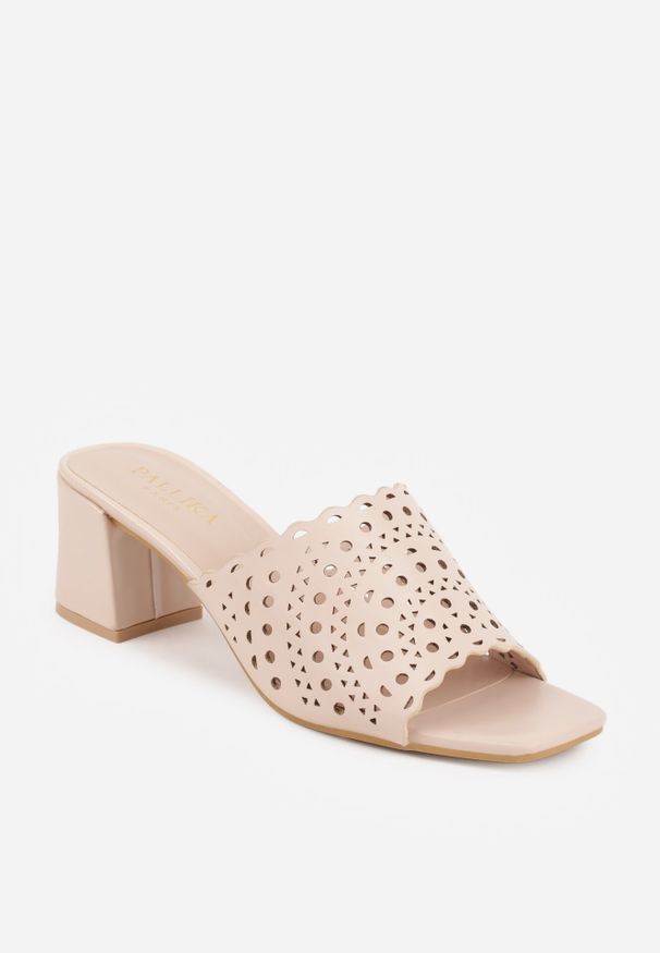 Born2be - Beżowe Klapki na Słupku z Ażurową Cholewką i Kwadratowym Noskiem Bevyrae. Okazja: na co dzień, na spacer. Kolor: beżowy. Materiał: len. Wzór: ażurowy. Obcas: na słupku. Styl: casual, elegancki