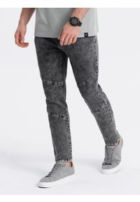 Ombre Clothing - Spodnie męskie jeansowe slim fit z przeszyciem na kolanach - szary V3 - Rozmiar: XL. Kolor: szary. Materiał: jeans. Wzór: aplikacja