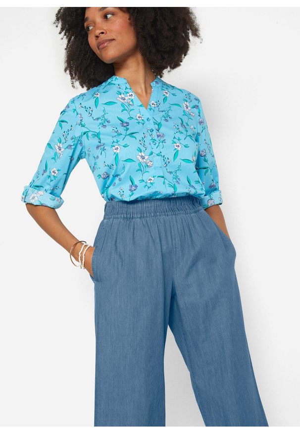 bonprix - Lekkie dżinsy z gumką w talii, szerokie nogawki. Kolor: niebieski