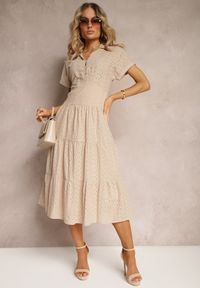 Renee - Beżowa Ażurowa Sukienka z Bawełny z Krótkim Rękawem i Guzikami Obitha. Kolor: beżowy. Materiał: bawełna. Długość rękawa: krótki rękaw. Wzór: ażurowy. Sezon: lato. Styl: elegancki #3
