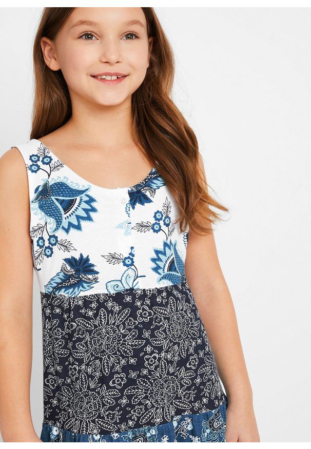 bonprix - Długa sukienka z dżerseju z czystej bawełny organicznej. Kolor: biały. Materiał: jersey, bawełna. Długość rękawa: na ramiączkach. Wzór: nadruk. Długość: maxi