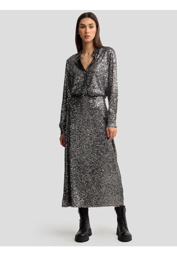 Big-Star - Spódnica damska cekinowa midi srebrna Soleasi 904. Okazja: na co dzień. Kolor: srebrny. Długość: długie. Styl: elegancki, casual, klasyczny