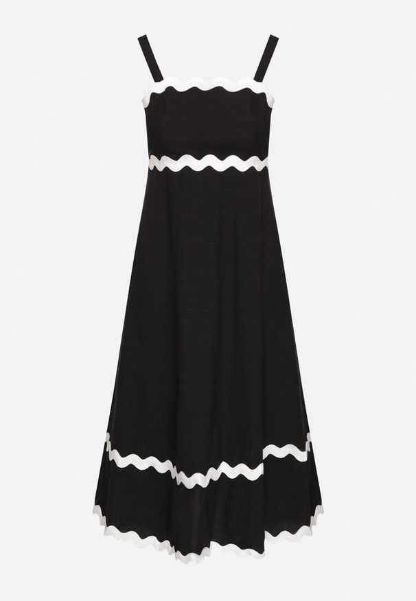 Born2be - Czarna Sukienka z Bawełną Wiskozą na Ramiączkach z Lamówką Ilanise. Okazja: na co dzień, na spacer. Kolor: czarny. Materiał: wiskoza, bawełna. Długość rękawa: na ramiączkach. Wzór: aplikacja. Sezon: lato. Typ sukienki: proste. Styl: casual, elegancki