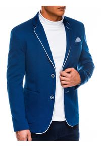 Ombre Clothing - Elegancka marynarka męska z kontrastową lamówką- niebieska V5 M81 - XXL. Kolor: niebieski. Materiał: poliester, bawełna. Styl: elegancki #7