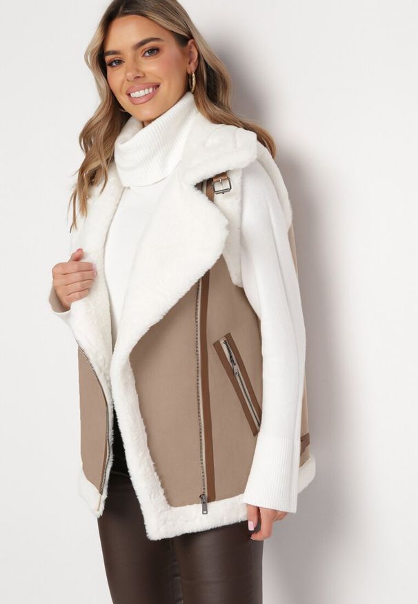 Born2be - Beżowa Kamizelka Bezrękawnik w Stylu Biker z Ekozamszu z Futerkiem Terone. Kolor: beżowy. Materiał: futro. Długość rękawa: bez rękawów. Wzór: aplikacja