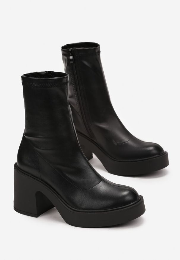 Born2be - Czarne Botki na Słupku i Platformie Prisara. Zapięcie: zamek. Kolor: czarny. Materiał: skóra, jeans. Obcas: na platformie. Styl: wizytowy, klasyczny