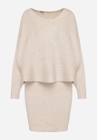 Born2be - Ciemnobeżowy Dzianinowy Komplet Prążkowany Sukienka i Sweter o Kroju Nietoperz Wederela. Kolor: beżowy. Materiał: dzianina, prążkowany #7