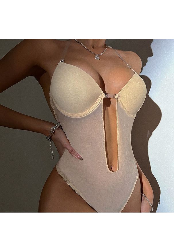 Intica - Body bezszwowe z dekoltem na wieczorne wyjścia Jeronima. Kolor: beżowy. Materiał: materiał