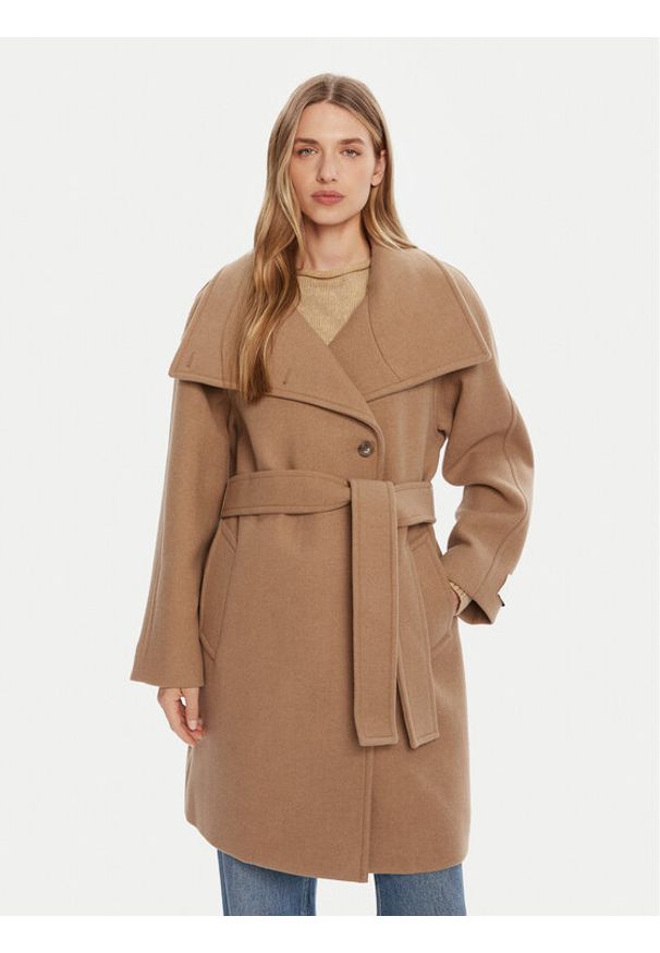 Calvin Klein Płaszcz wełniany LV044D557G Beżowy Regular Fit. Kolor: beżowy. Materiał: wełna
