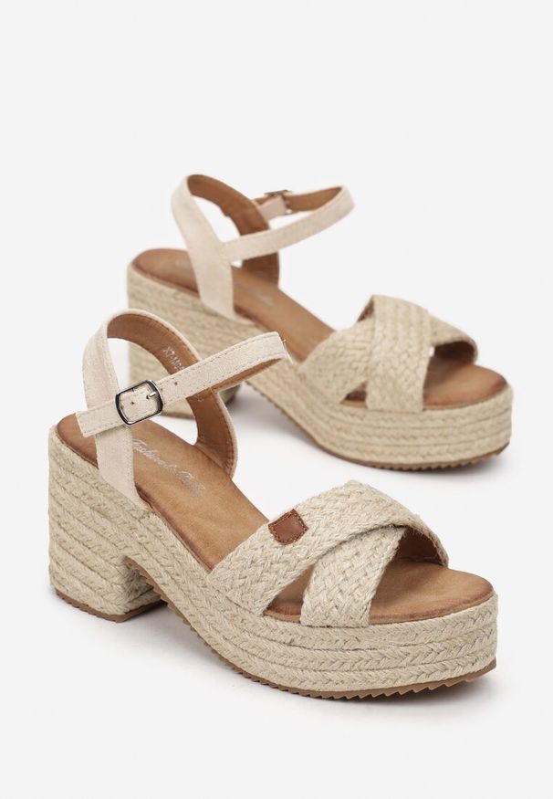 Born2be - Beżowe Sandały na Platformie i Słupku z Plecionki Tuzia. Kolor: beżowy. Sezon: lato. Obcas: na platformie