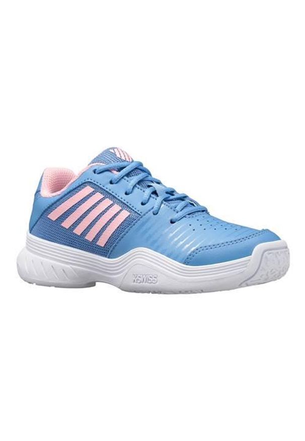 Buty do tenisa dla dzieci K-Swiss Court Express Allcourt. Kolor: biały, wielokolorowy, niebieski, szary. Materiał: materiał, syntetyk. Szerokość cholewki: normalna. Sport: tenis