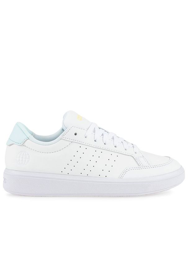 Adidas - Buty adidas Nova Court Lifestyle Vegan GX1760 - białe. Okazja: na co dzień. Zapięcie: pasek. Kolor: biały. Materiał: skóra, syntetyk. Szerokość cholewki: normalna. Wzór: paski. Sport: tenis