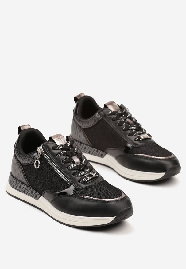 Born2be - Czarne Sneakersy z Ozdobnym Suwakiem i Skórzaną Wkładką Hanviera. Okazja: na co dzień. Kolor: czarny. Materiał: skóra. Wzór: aplikacja. Obcas: na obcasie. Wysokość obcasa: niski