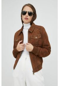 Guess kurtka zamszowa Marie damska kolor brązowy przejściowa. Okazja: na co dzień. Kolor: brązowy. Materiał: zamsz. Styl: casual #1