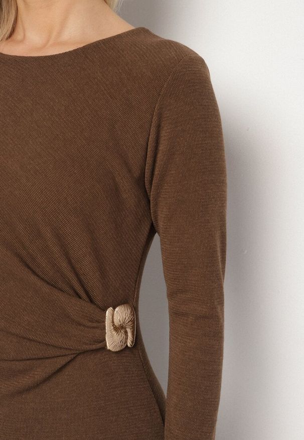 Born2be - Brązowa Dopasowana Sukienka z Wiskozą i Metaliczną Ozdobą Tivallea. Kolor: brązowy. Materiał: wiskoza. Wzór: aplikacja. Styl: klasyczny