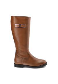 TOMMY HILFIGER - Brązowe Kozaki Damskie Tommy Hilfiger Eleganckie Skórzane Buty. Kolor: brązowy. Materiał: skóra. Szerokość cholewki: normalna. Wzór: gładki. Obcas: na obcasie. Styl: elegancki. Wysokość obcasa: niski