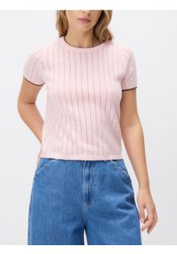 Reserved - Sweter z ażurowym wzorem - różowy. Kolor: różowy. Materiał: dzianina, bawełna. Wzór: ażurowy #1