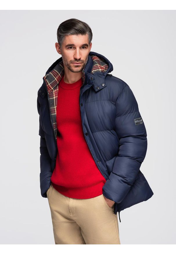 Ombre Clothing - Kurtka męska puffer z podszewką w kratę – granatowa V1 - Rozmiar: S. Kolor: niebieski. Materiał: materiał, bawełna, syntetyk, nylon, guma, poliester. Długość: długie. Wzór: aplikacja