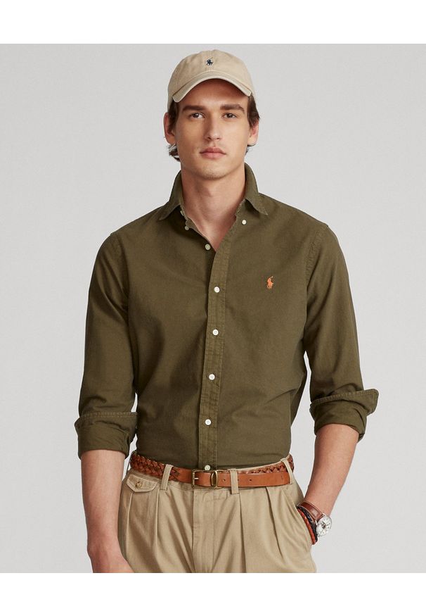 Ralph Lauren - RALPH LAUREN - Zielona koszula Oxford Custom Fit. Typ kołnierza: polo, button down. Kolor: zielony. Materiał: bawełna. Długość rękawa: długi rękaw. Długość: długie. Wzór: haft