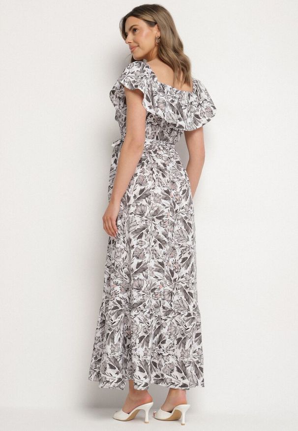 Born2be - Ciemnoszara Sukienka Hiszpanka z Bawełną w Kwiaty Mreova. Okazja: na co dzień. Typ kołnierza: dekolt hiszpanka. Kolor: szary. Materiał: bawełna. Wzór: kwiaty. Styl: casual, klasyczny, elegancki