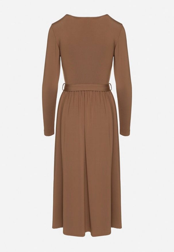 Born2be - Brązowa Sukienka Kopertowa z Wiskozą Wiązana w Talii Drestalia. Okazja: na co dzień. Typ kołnierza: dekolt w kształcie V. Kolor: brązowy. Materiał: wiskoza. Długość rękawa: długi rękaw. Typ sukienki: kopertowe. Styl: casual, klasyczny