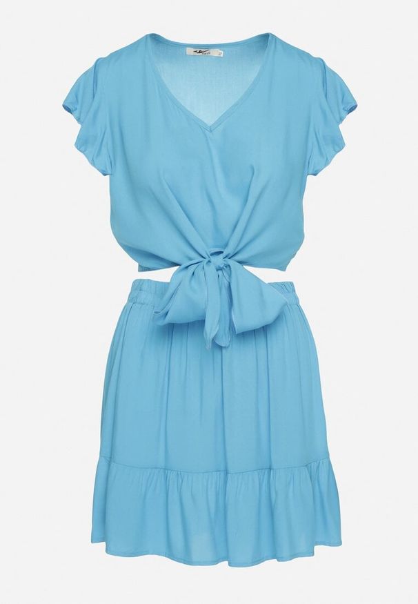 Born2be - Niebieski Komplet z Wiskozy Spódnica z Falbanką i Bluzka z Wiązaniem Redeave. Kolor: niebieski. Materiał: wiskoza