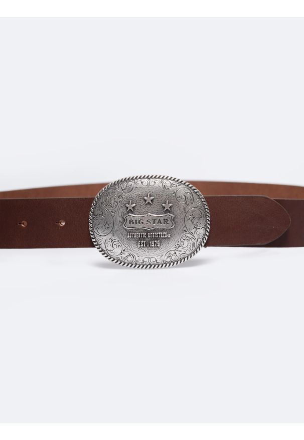 Big-Star - Pasek unisex skórzany z ozdobną klamrą brązowy Almos 804. Kolor: brązowy. Materiał: skóra. Styl: elegancki, vintage, klasyczny