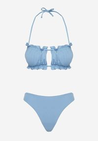 Renee - Jasnoniebieskie Bikini Majtki Figi Biustonosz z Wiązaniem Ozdobiony Marszczeniem Folinira. Kolor: niebieski. Wzór: aplikacja #3