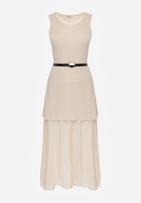 Born2be - Beżowa Dwuwarstwowa Sukienka Dzianinowa z Wiskozą i Paskiem z Klamrą Arkesia. Okazja: na co dzień, na spotkanie biznesowe. Kolor: beżowy. Materiał: dzianina, wiskoza. Typ sukienki: proste. Styl: casual, biznesowy, elegancki #3