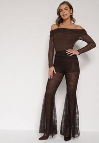 Born2be - Brązowe Koronkowe Spodnie Dzwony z Wysokim Stanem Solifera. Okazja: na co dzień. Stan: podwyższony. Kolor: brązowy. Materiał: koronka. Wzór: koronka. Styl: casual #6