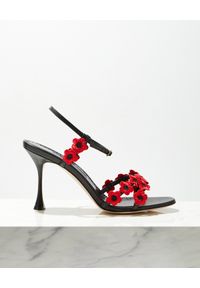 MANOLO BLAHNIK - Skórzane sandały z kwiatami Margolia. Zapięcie: pasek. Kolor: czarny. Materiał: skóra. Wzór: kwiaty. Obcas: na obcasie. Wysokość obcasa: średni #5