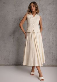 Renee - Beżowy Komplet z Bawełny Kamizelka i Spódnica o Rozkloszowanym Kroju Movenae. Kolor: beżowy. Materiał: bawełna. Wzór: geometria #8