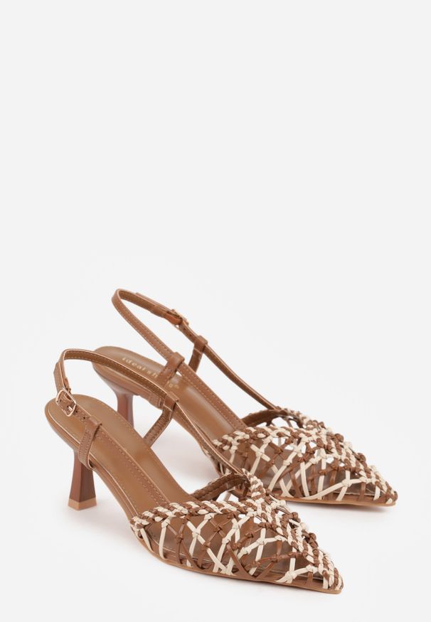 Born2be - Brązowe Ażurowe Czółenka z Plecionki na Niskiej Szpilce Nilgias. Okazja: na co dzień. Zapięcie: pasek. Kolor: brązowy. Materiał: len. Wzór: ażurowy. Styl: casual, elegancki, boho, klasyczny