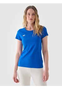 4f - 4F T-shirt slim gładki damski - niebieski S. Okazja: na co dzień. Kolor: niebieski. Materiał: dzianina, jersey, bawełna. Długość rękawa: krótki rękaw. Długość: krótkie. Wzór: gładki. Styl: sportowy, klasyczny, casual
