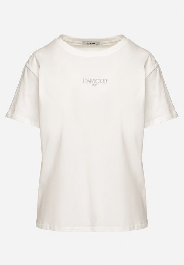 Born2be - Biały T-shirt z Bawełny Ozdobiony Napisem Marivorra. Okazja: na co dzień. Kolor: biały. Materiał: bawełna. Wzór: aplikacja, napisy. Styl: klasyczny, casual